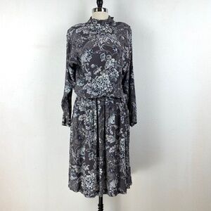 Vintage Womens Carole Little Dress Medium Midi Gray Floral Long Sleeves Modest